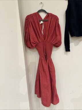 Smocked Waist Midi Dress in Deep Rust Red